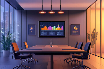 Modern conference room with a large screen displaying colorful data analytics, evening city view