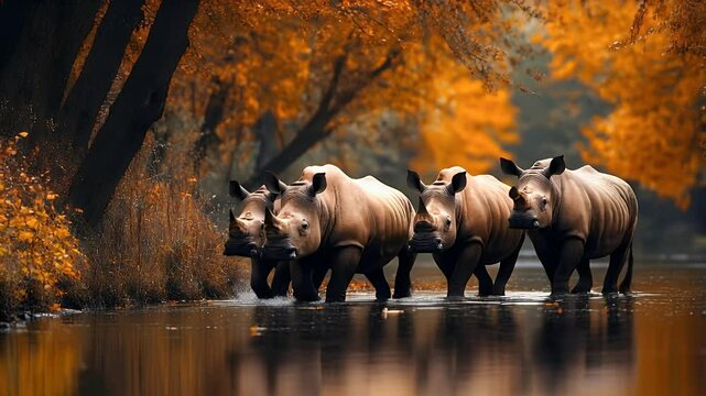 a group of rhino at shallow river in the forest
