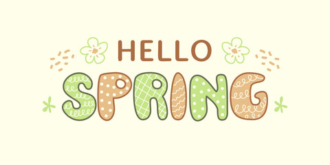hello spring hand drawn vector banner with colorful decorative letters, floral patterns, and pastel background, perfect for seasonal greetings and marketing designs