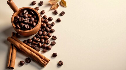 Aromatic Coffee Beans and Cinnamon Sticks on a Neutral Background A Culinary Still Life