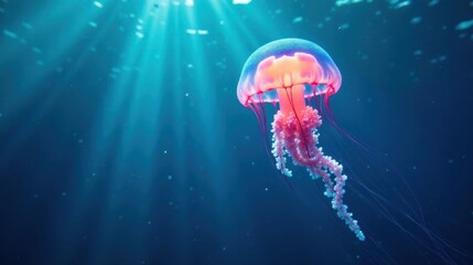 Pink jellyfish underwater, illuminated by sunbeams, graceful tentacles drifting, serene ocean scene, vibrant colors, ethereal beauty