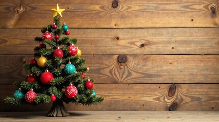 A Festive Miniature Christmas Tree Adorned with Colorful Ornaments, Resting on a Rustic Wooden Surface