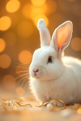 Obraz premium Adorable white bunny rabbit sitting against a bokeh background.