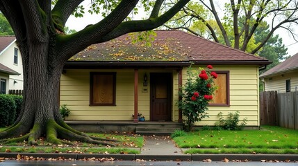 A pale yellow bungalow, nestled beneath a sprawling, moss-covered tree, displays boarded windows and a quiet, autumnal lawn