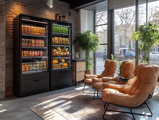 Modern retail space with drinks, snacks, and seating.