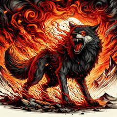 Angry wolf tshirt design. Angry wolf poster illustration. an angry wolf growling in front of a fiery background with ashes swirling in the air