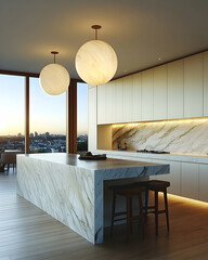 Modern luxury kitchen design featuring a large marble island, sleek cabinetry, and statement orb lighting, overlooking a stunning city skyline at sunset.