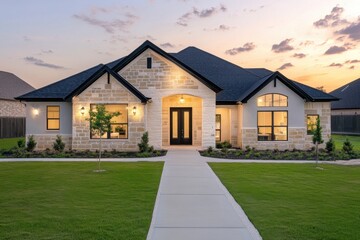 An elegant modern home featuring a stunning stone facade, beautifully landscaped yard, all aglow in the warm light of sunset