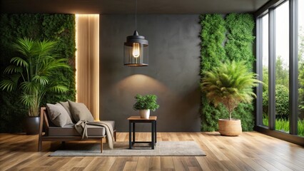 Serene living space with modern furniture and lush vertical gardens