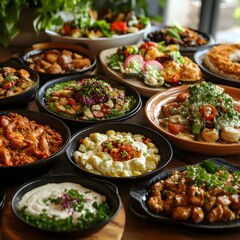 A Delicious Spread of Diverse Dishes, Culinary Delights, Food Photography, Gastronomic Imagery, Restaurant Food, Appetising Meal, Savory Dishes, Variety of Cuisine, Food Presentation,  Culinary Art