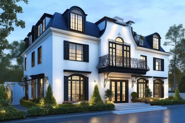 Discover an exquisite modern home featuring a breathtaking balcony and a beautifully landscaped garden, all nestled in a peaceful neighborhood during the enchanting twilight hours