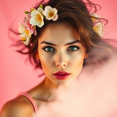 Close-up portrait of a young woman with flowers in her hair against a pink background. (1)