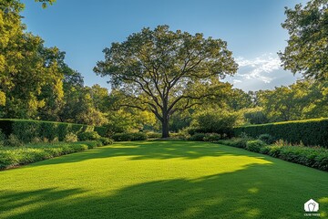 Fototapeta premium Large tree in the center of expansive green lawn, surrounded by dense hedges and lush trees under clear blue sky, serene backyard garden.