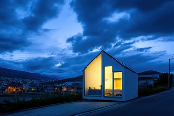 Fototapeta premium A contemporary minimalist home stands elegantly as twilight falls, showcasing its beautifully illuminated interior amidst a serene residential neighborhood nestled among rolling hills