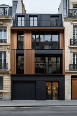 Obraz premium Modern architectural design featuring a sleek black and wood facade on an urban street in Paris, showcasing contemporary style and innovative materials