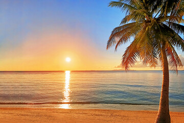 Sunrise sea beach, sunset tropical island, beautiful dawn ocean landscape, palm tree leaves, sun reflection, blue water, yellow, red, pink, orange, purple sky clouds, summer holidays, vacation, travel