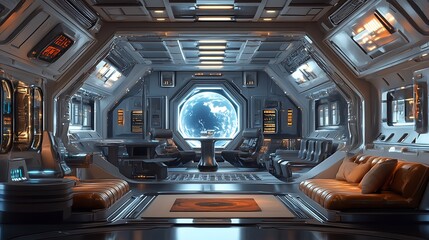 Futuristic spaceship interior with large window and sleek design.