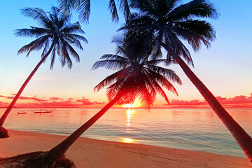 Sunrise sea beach, sunset tropical island, beautiful dawn ocean landscape, palm tree leaves, sun reflection, blue water, yellow, red, pink, orange, purple sky clouds, summer holidays, vacation, travel