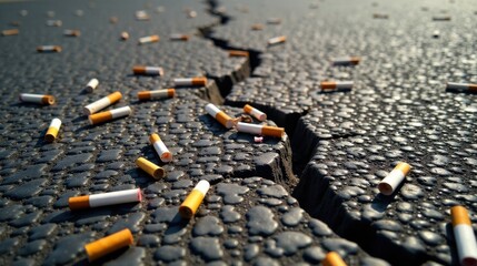 Scattered Cigarette Butts on a Cracked Asphalt Surface A Study in Environmental Neglect