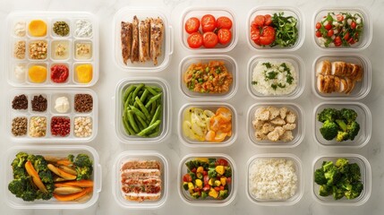 A meal prep session for a week, featuring containers filled with balanced meals, showcasing the organization and benefits of meal prepping