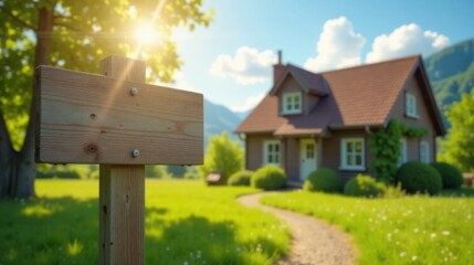 Blank Wooden Signpost in Front of a Picturesque Suburban House on a Sunny Day