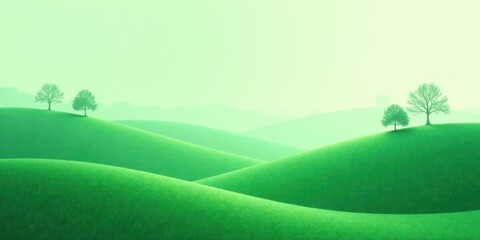Serene Green Hillscape Two Deciduous Trees on Rolling Meadows Under a Soft, Pale Sky