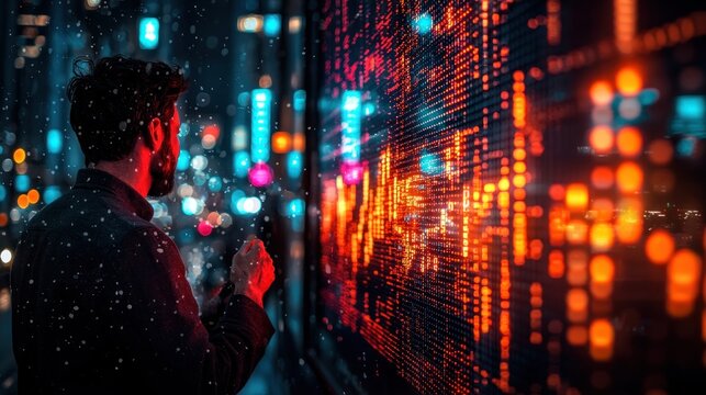 Man Observing Dynamic Data Streams on a City Night Digital Display