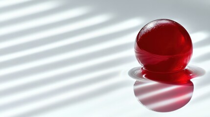 A glossy red sphere reflecting light on a smooth surface with striped shadows in the background