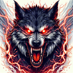 Angry wolf tshirt design. Angry wolf poster illustration. an angry wolf snarling with glowing red eyes and lightning striking in the background