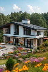 A contemporary residence is beautifully nestled amidst an array of colorful flowers and lush trees, basking in the warmth of the sunny daytime landscape