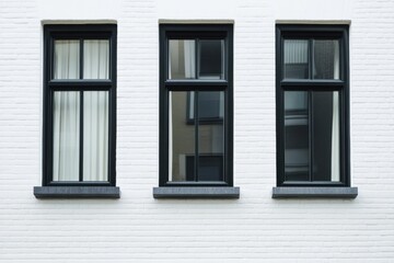 Fototapeta premium Elegant architecture showcasing three modern windows with black frames and sheer curtains against a smooth white brick wall