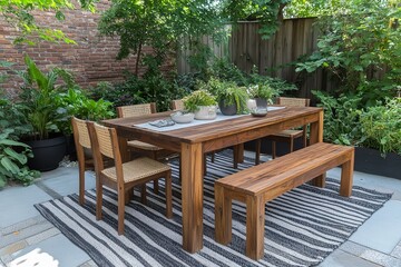 Fototapeta premium Solid wood outdoor dining set with rectangular table, two leaves, three chairs, and bench, featuring acacia wood and black and white striped rug.