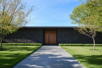 Fototapeta premium Modern architectural design showcased at a contemporary residence featuring clean lines and expansive green surroundings during bright daylight