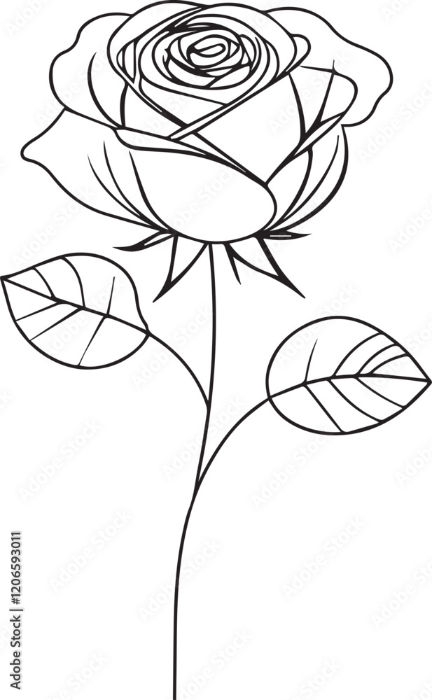 Poster continuous one simple single abstract line drawing of a rose flower icon in silhouette on a white ba
