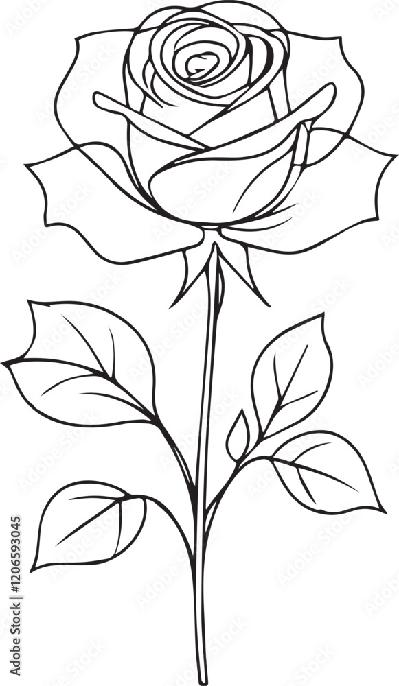 Poster continuous one simple single abstract line drawing of a rose flower icon in silhouette on a white ba