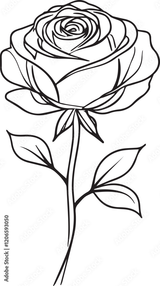 Poster continuous one simple single abstract line drawing of a rose flower icon in silhouette on a white ba