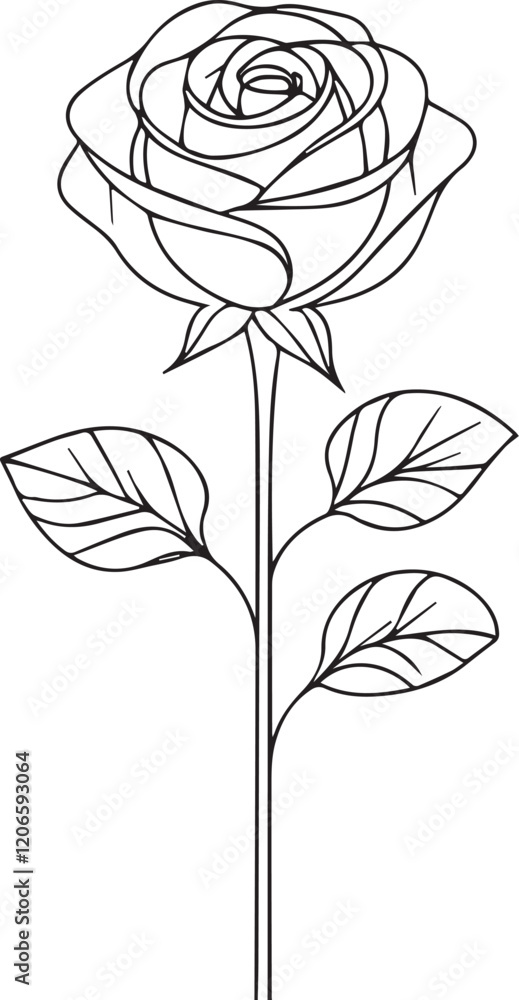 Poster continuous one simple single abstract line drawing of a rose flower icon in silhouette on a white ba