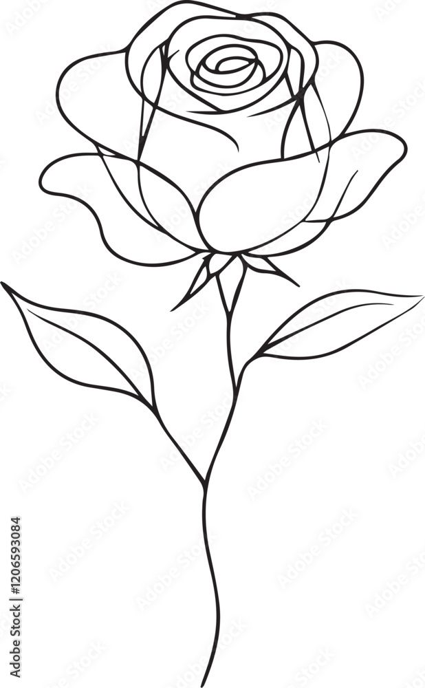 Poster continuous one simple single abstract line drawing of a rose flower icon in silhouette on a white ba