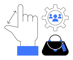Hand with measurement gesture, gear with social icons, and briefcase with a tag illustrate communication, efficiency, teamwork. Ideal for business, management, collaboration, networking strategy