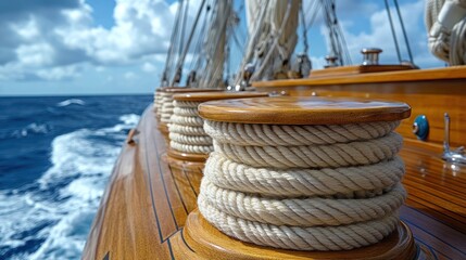 Obraz premium Sailing Adventure Wooden Deck and Ropes on a Yacht at Sea Under Blue Sky