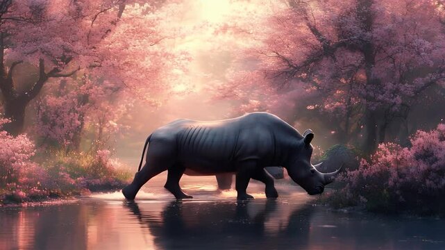 A group of adorable rhino at stunning fantasy pink forest