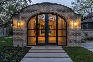 Obraz premium Modern architectural design of a brick structure with large glass doors leading to a illuminated corridor, surrounded by green landscaping in the early evening light