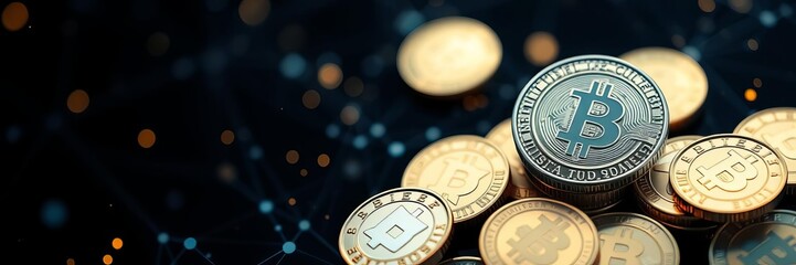 A futuristic digital composition featuring various crypto currency coins and generative AI technology in a virtual environment, ada, virtual, coins