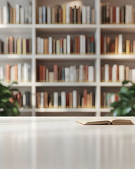 Open Book on Table with Blurred Bookshelf Background