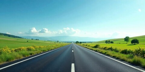 Asphalt ribbon unwinding towards a distant horizon, flanked by vibrant meadows under a brilliant summer sky, promising adventure and open roads ahead