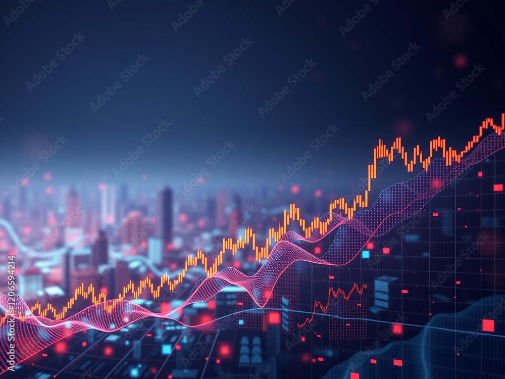 Wall mural abstract backdrop with digital financial chart graphs and indicators showing stock market growth tre