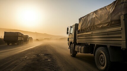 Empty aid trucks on a desolate desert road, symbolizing the gap between humanitarian efforts and the harsh realities of crisis zones.