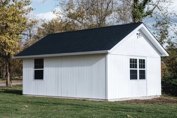 Obraz premium A charming white wooden shed stands gracefully among lush green trees, creating a tranquil atmosphere in a serene outdoor environment on a bright, sunny day