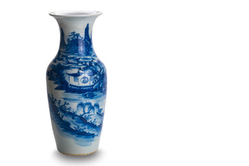 Old blue chinese ceramic vase with copy space isolated on white background with clipping path.