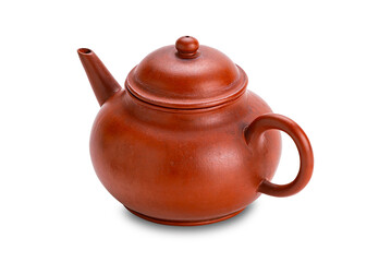 High angle view of the old clay red chinese teapot isolated on white background with clipping path.